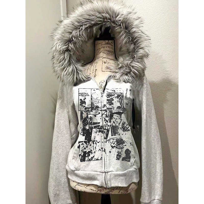 Vintage Zip Hoodie - Grey Faux Fur Wool Double Zipper